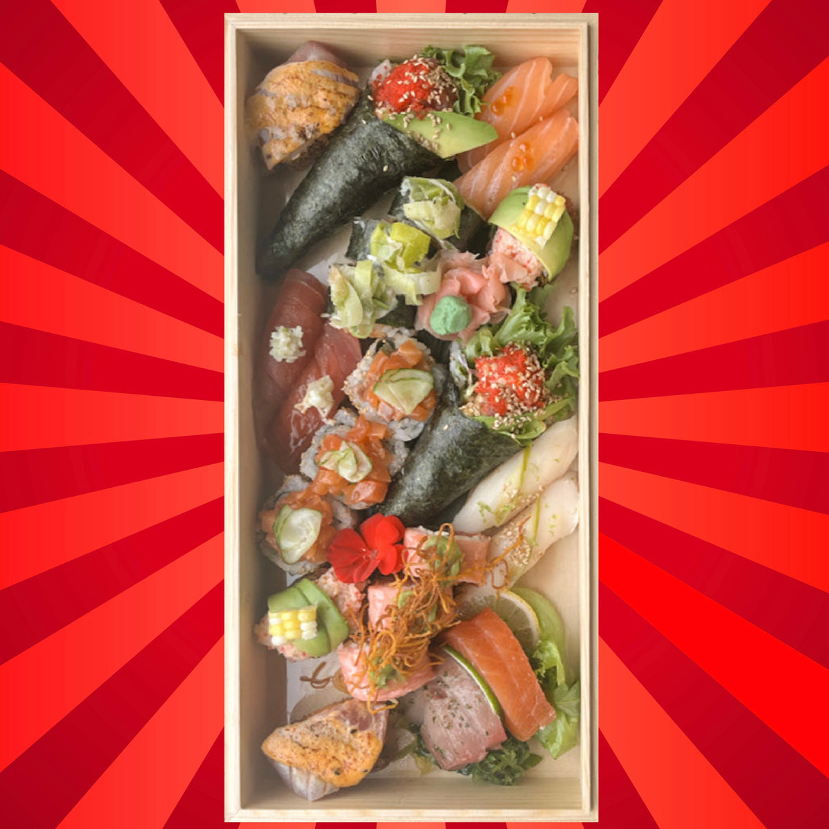 Lovebox de sushis assortis pour deux dans une boîte en bois sur fond rouge